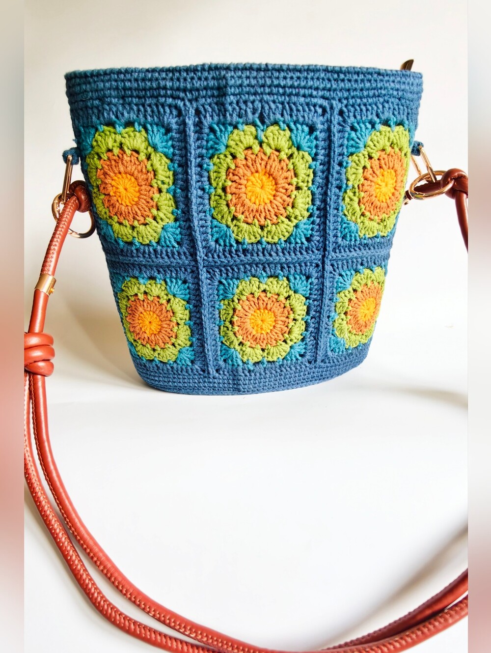 Blue Crochet Floral Hobo Bag with Brown Strap